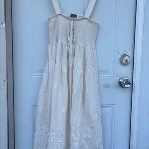 Smocked Cream Eyelet Midi Dress - Unbranded